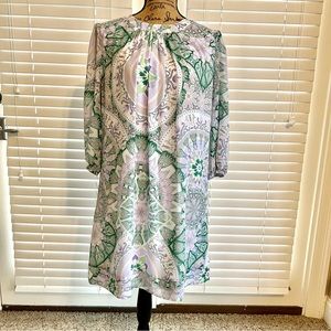 NY&Co Eva Mendes Sz Medium Pastel Floral Sheer Career Dress Blue Purple Print